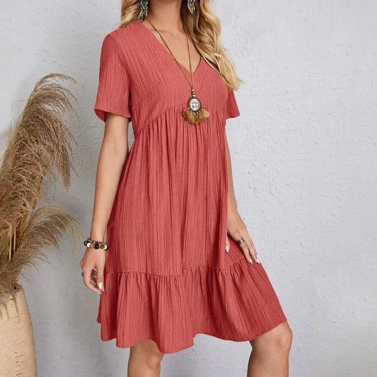 V-Neck Short Sleeve Loose Waist Ruffle Fit Flare Vocation Dress