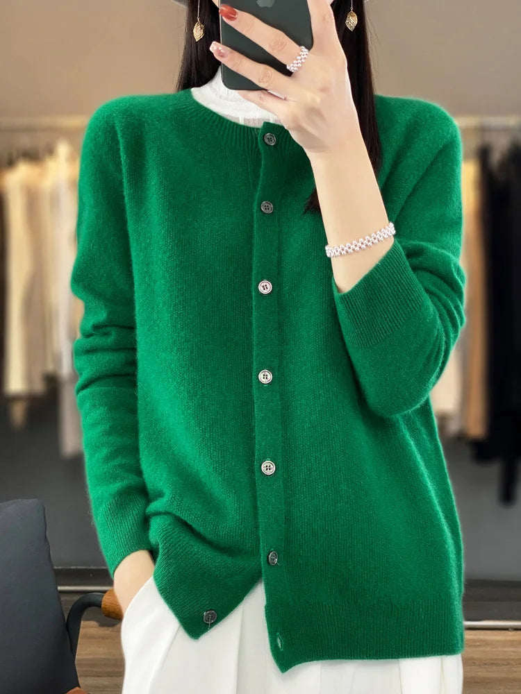 Long Sleeve 100% Wool Cashmere Cardigan O-Neck Knitwear Tops