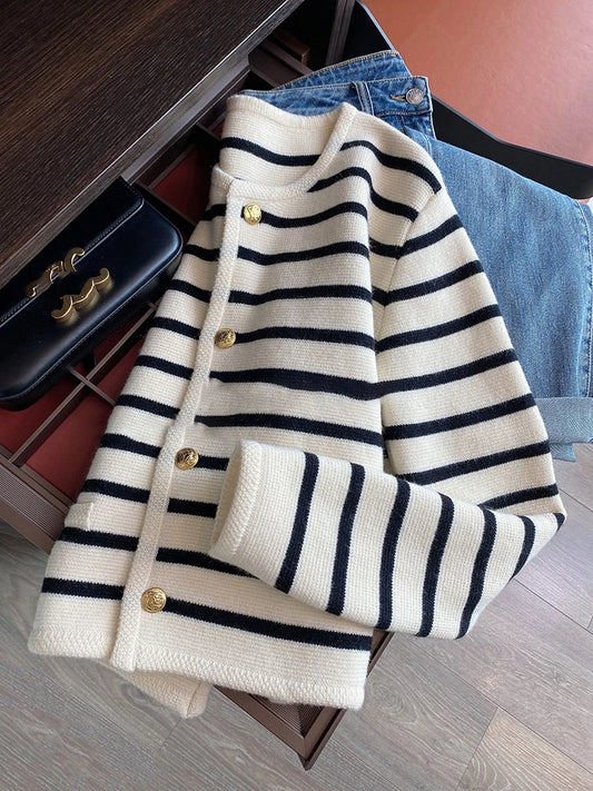 Spring O-neck Stripe Knitted Cardigan Long Sleeve Top