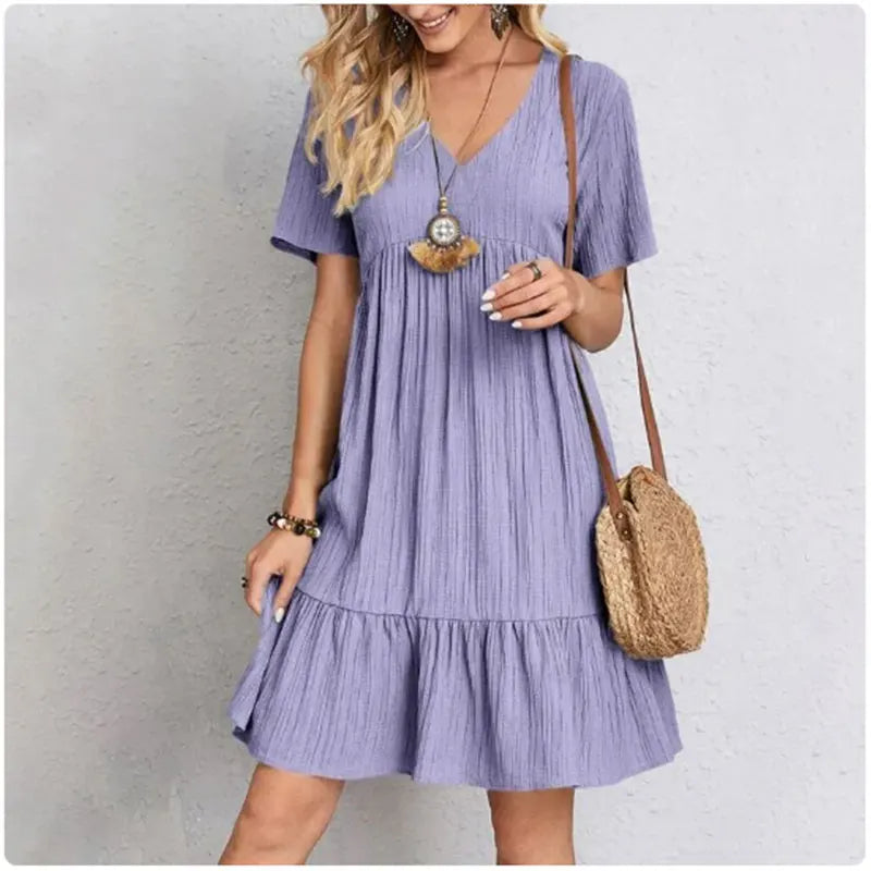 V-Neck Short Sleeve Loose Waist Ruffle Fit Flare Vocation Dress