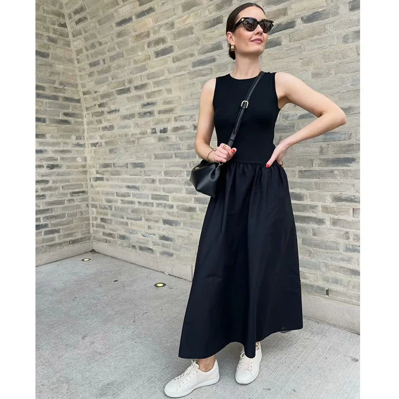 Sleeveless High Waist Slim Pleated Long Dress