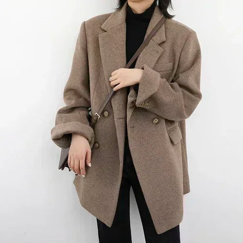 Women Wool Blend Coat Solid Mid-Long Woolen Blazer