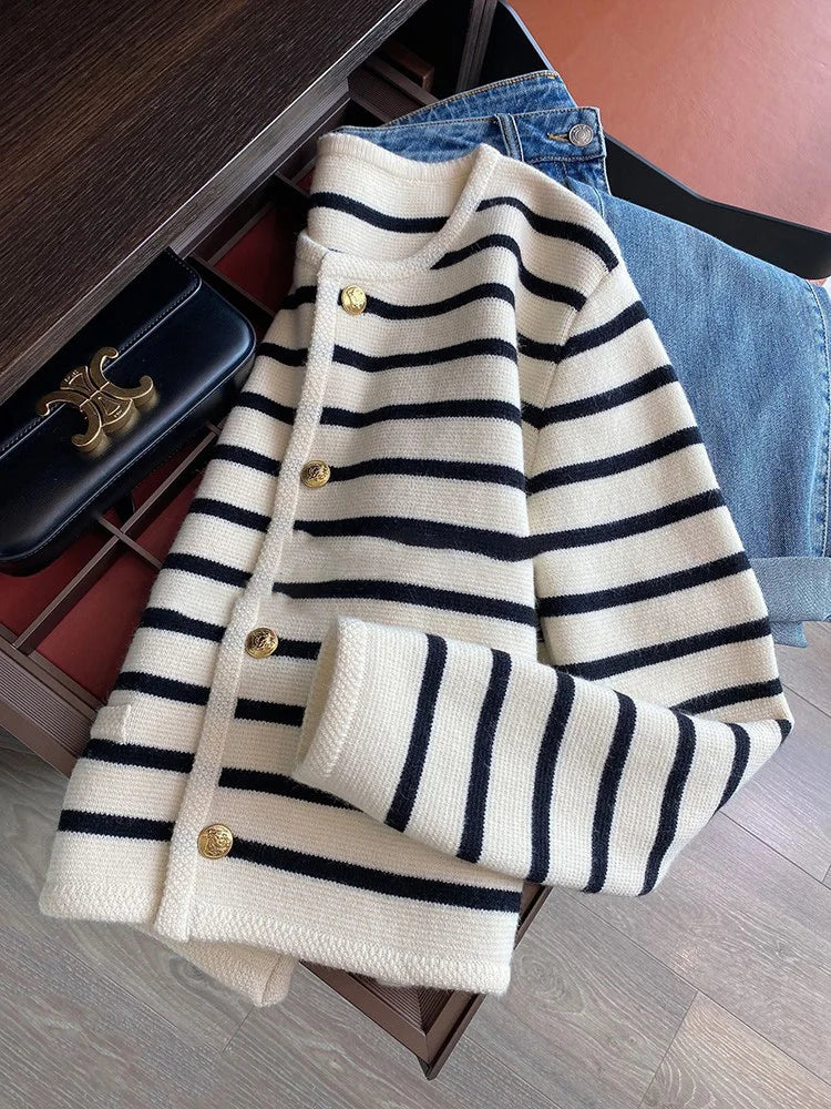 Spring O-neck Stripe Knitted Cardigan Long Sleeve Top