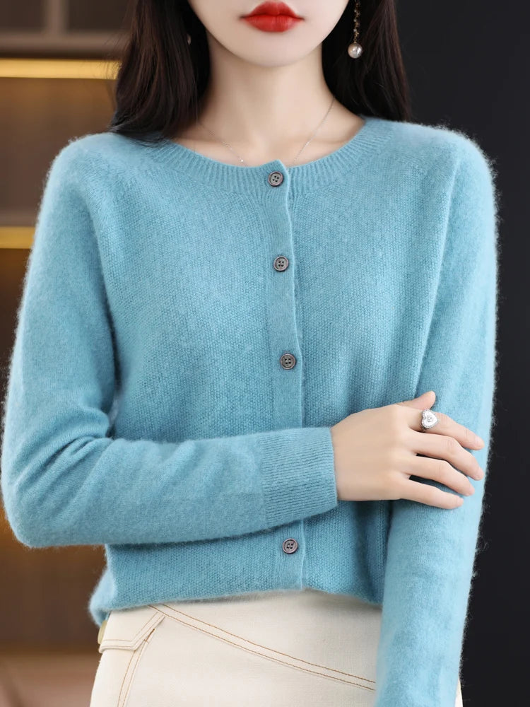 Long Sleeve 100% Wool Cashmere Cardigan O-Neck Knitwear Tops