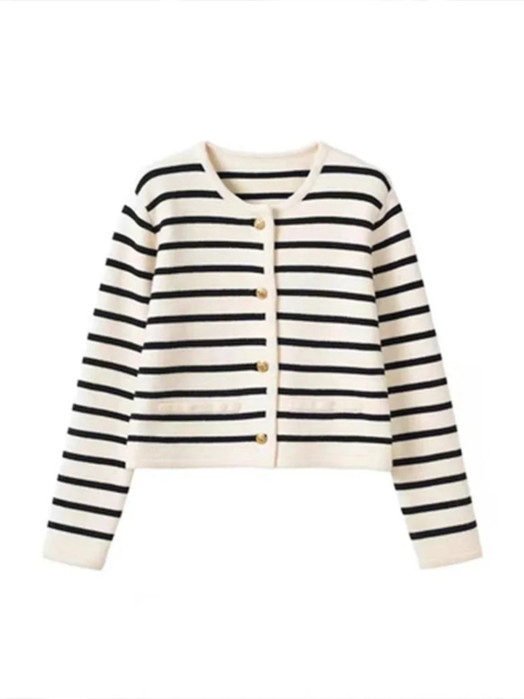 Spring O-neck Stripe Knitted Cardigan Long Sleeve Top