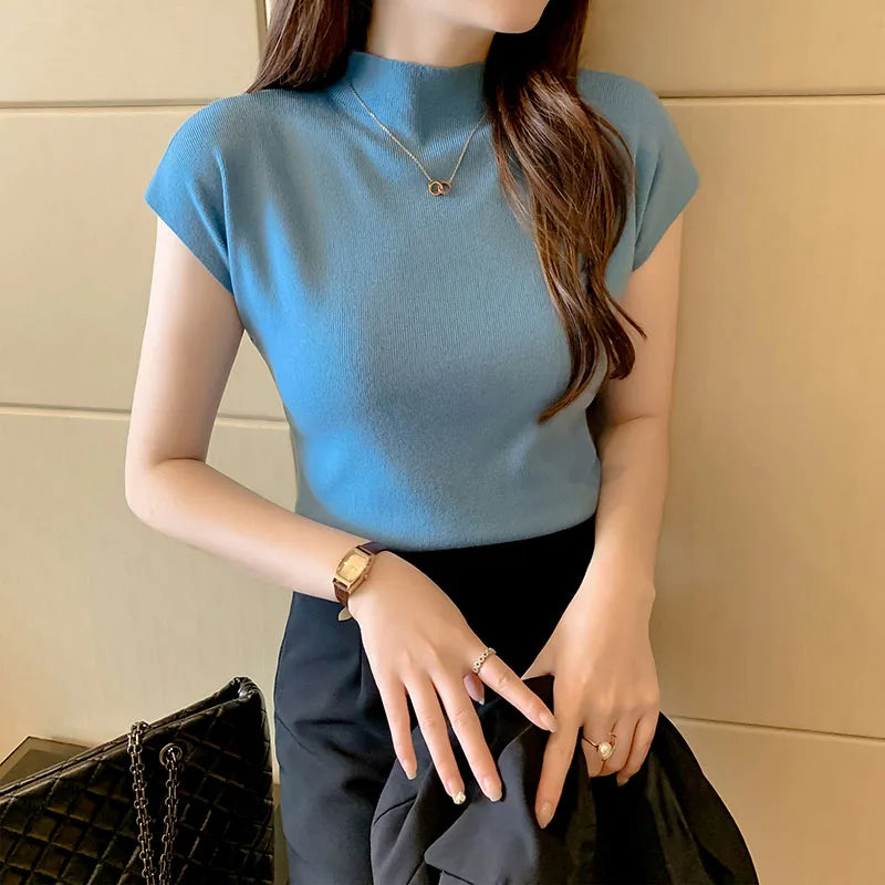 Sexy Knitted Turtleneck Sleeveless Tops Solid Slim Fit Pullovers