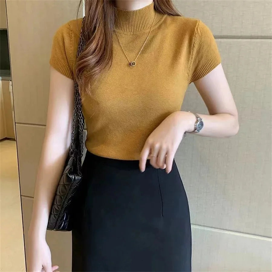 Knitted Pullover Lady Casual Turtleneck Solid Color Short Sleeve Blouse