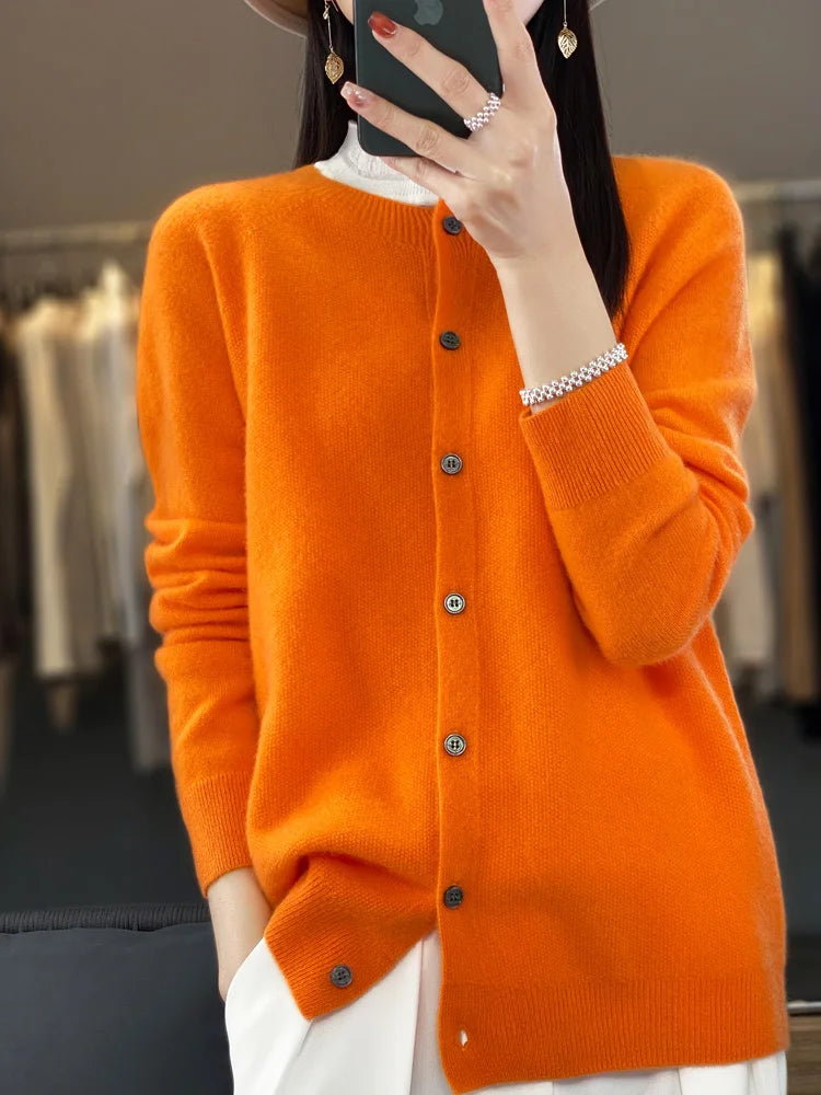 Long Sleeve 100% Wool Cashmere Cardigan O-Neck Knitwear Tops