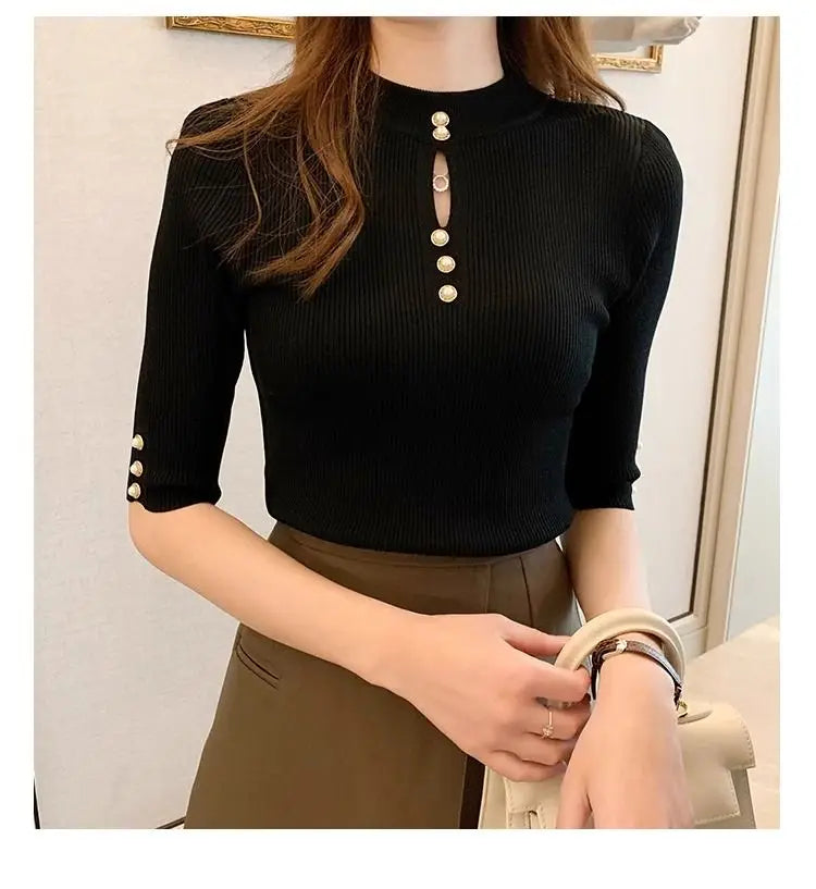 2024 Short Sleeve Casual Slim Female Pullover Knitted Top