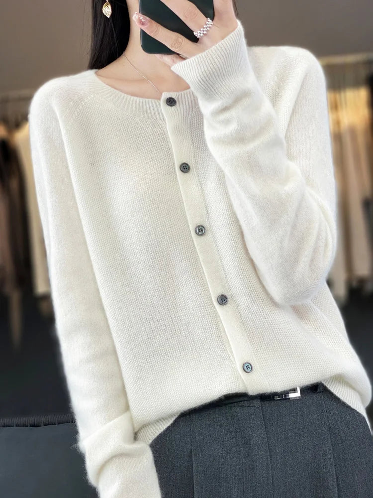 Long Sleeve 100% Wool Cashmere Cardigan O-Neck Knitwear Tops