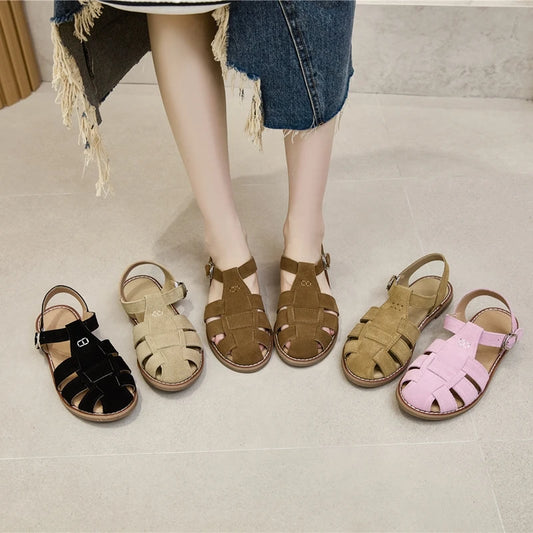 Flat-soled Retro Genuine Leather Hollow Sandals