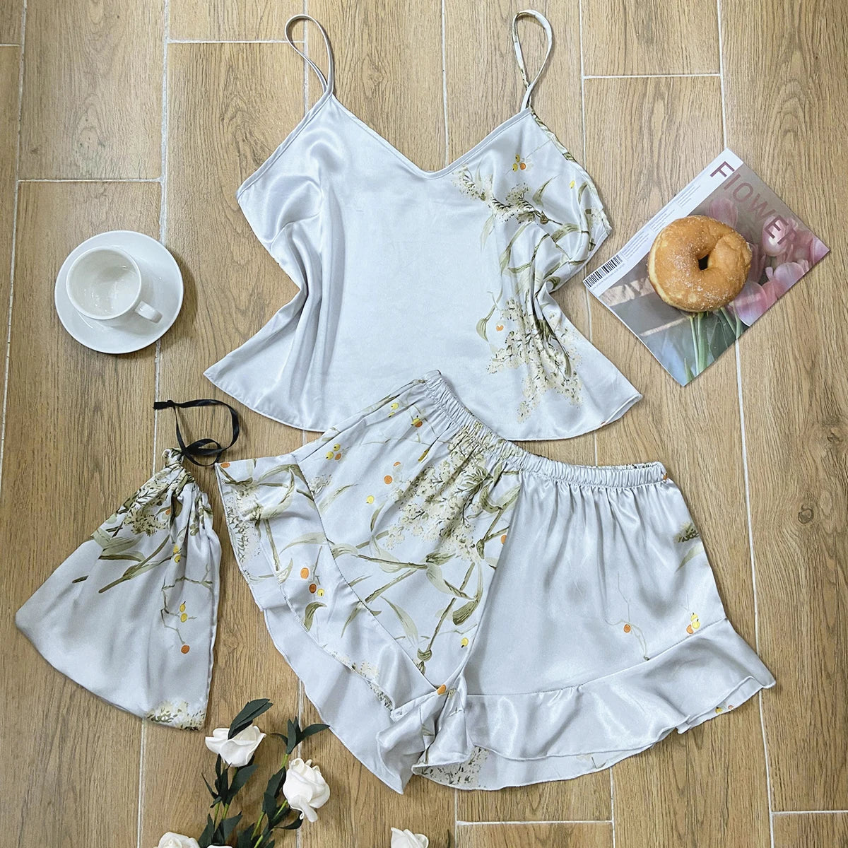 Elegant Floral Print Cami Tops Ruffle Hem Shorts Pajama Set