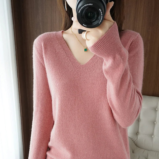 New Cashmere V-neck Lace Neck Hollow Out Design Casual Knitted Long Sleeve Sweater