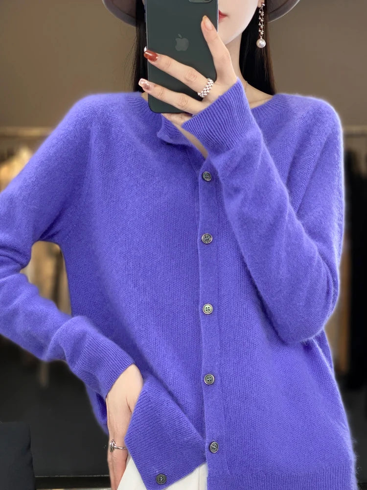 Long Sleeve 100% Wool Cashmere Cardigan O-Neck Knitwear Tops