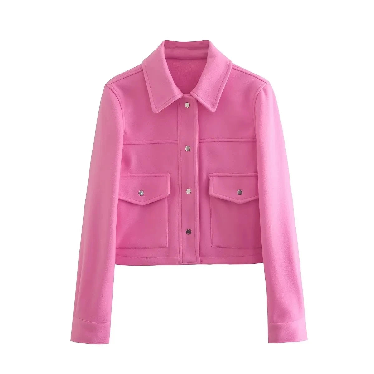 Womens Solid Front Pockets Button Long Sleeve Jacket