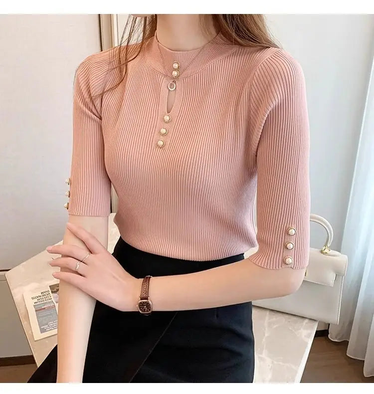 2024 Short Sleeve Casual Slim Female Pullover Knitted Top