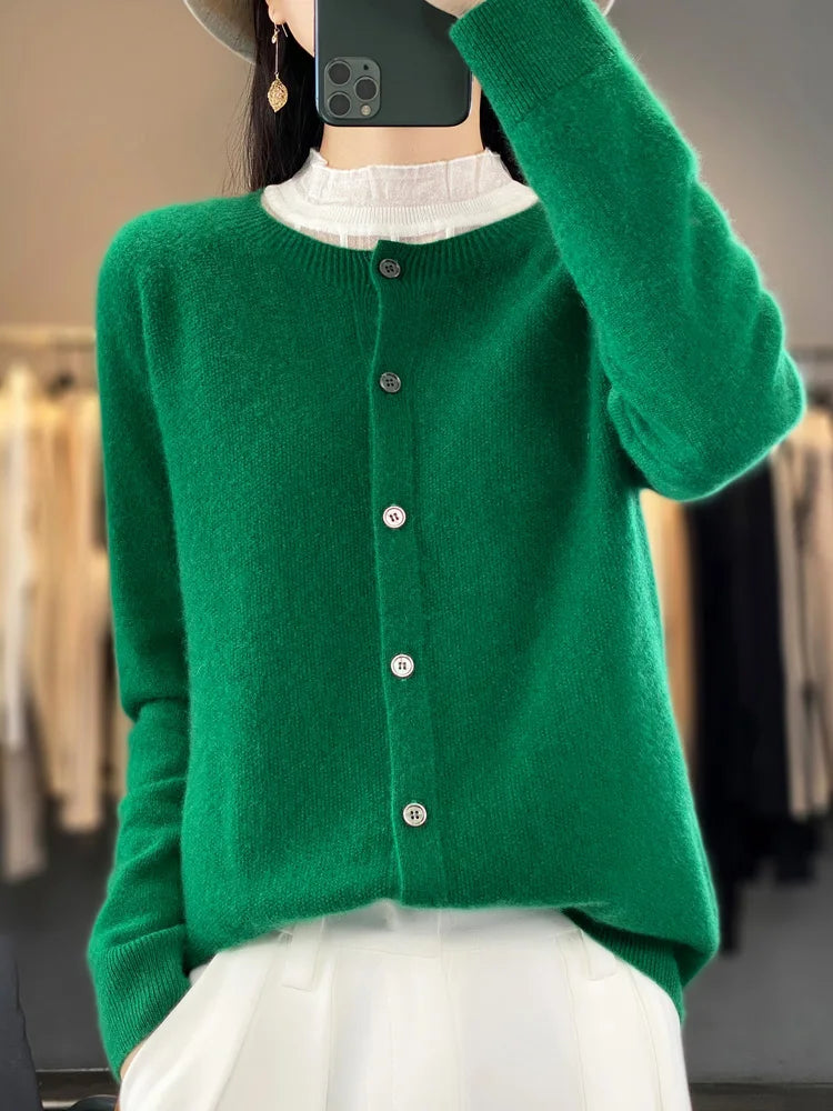 Long Sleeve 100% Wool Cashmere Cardigan O-Neck Knitwear Tops