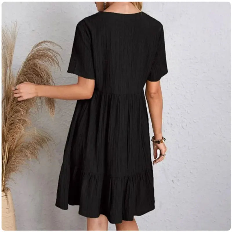 V-Neck Short Sleeve Loose Waist Ruffle Fit Flare Vocation Dress