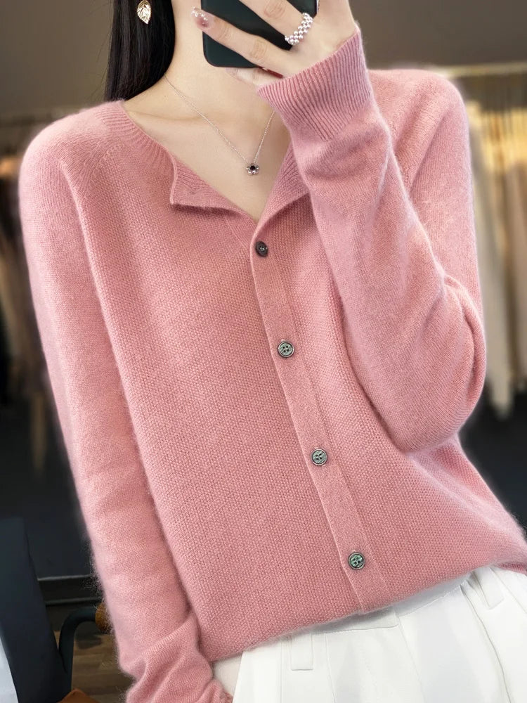 Long Sleeve 100% Wool Cashmere Cardigan O-Neck Knitwear Tops