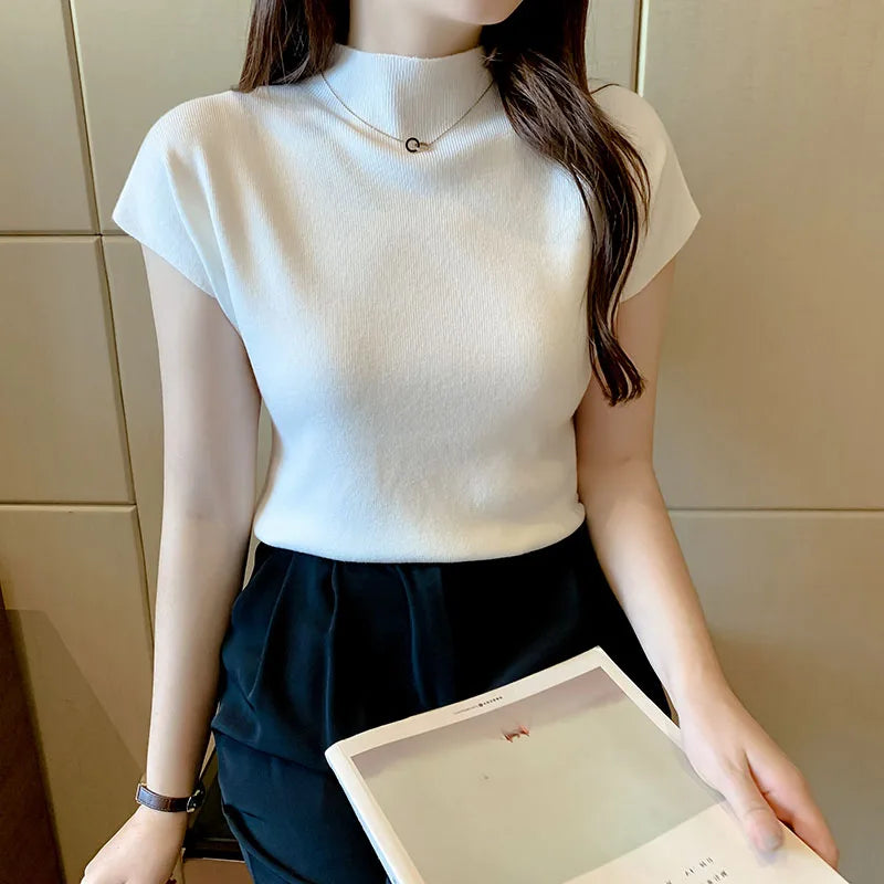 Sexy Knitted Turtleneck Sleeveless Tops Solid Slim Fit Pullovers