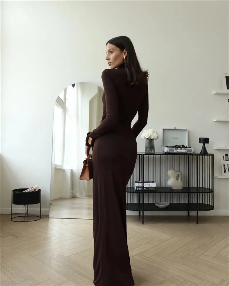 Turtleneck Thigh High Split Sexy Maxi Dress