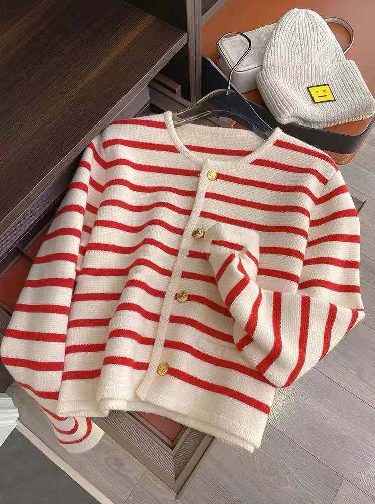 Spring O-neck Stripe Knitted Cardigan Long Sleeve Top