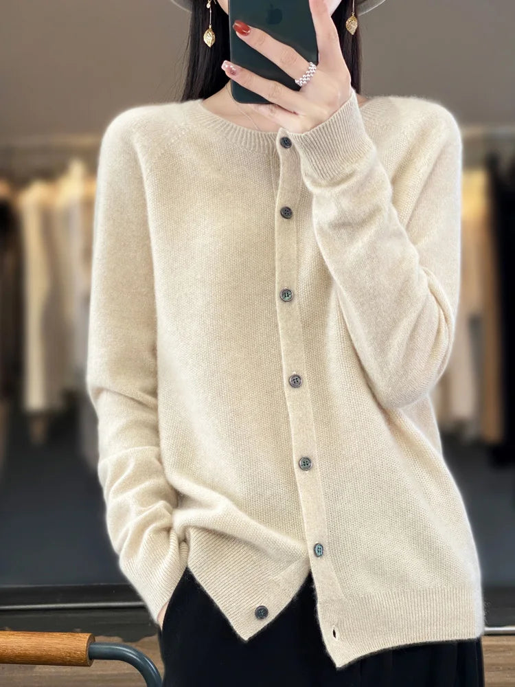 Long Sleeve 100% Wool Cashmere Cardigan O-Neck Knitwear Tops