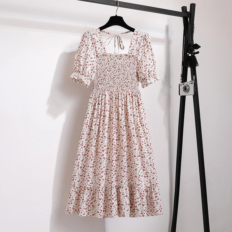 Pleated Chiffon Casual Short Sleeve Square Collar Midi Dress