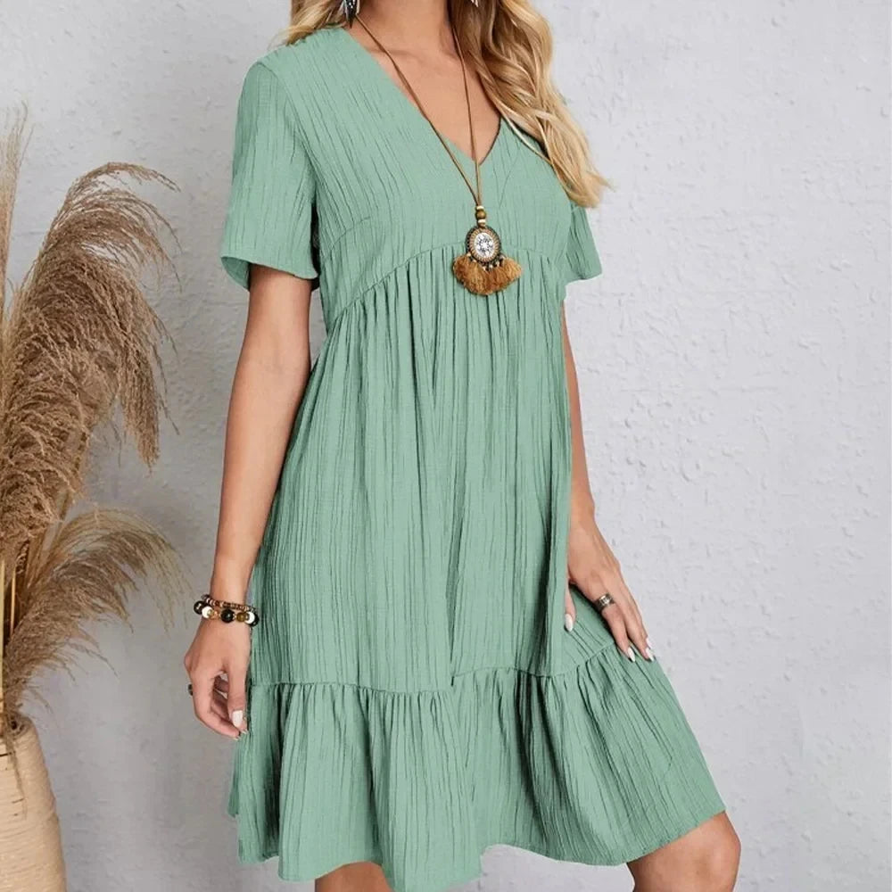 V-Neck Short Sleeve Loose Waist Ruffle Fit Flare Vocation Dress