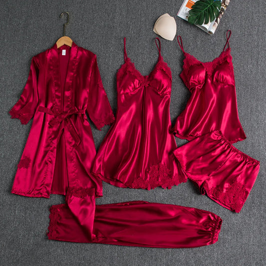 5PC Silk Robe Sleep Lace Satin Pajamas