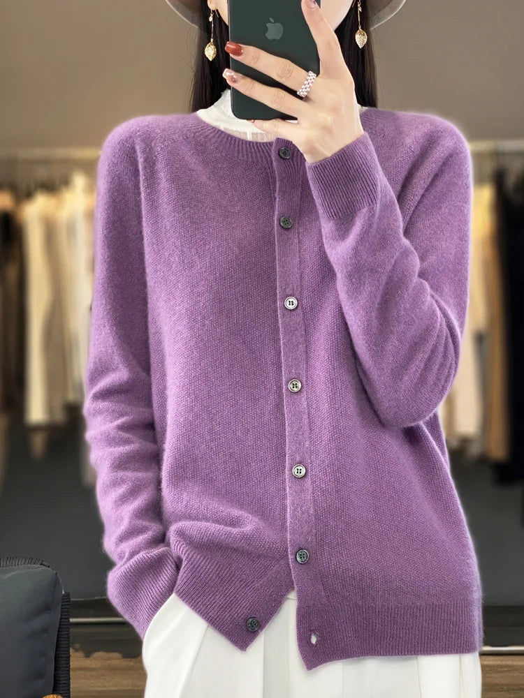 Long Sleeve 100% Wool Cashmere Cardigan O-Neck Knitwear Tops