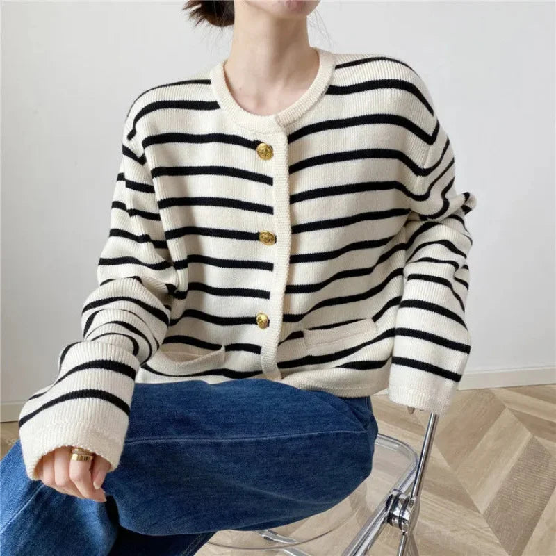 Women O-neck Stripe Knitted Cardigan Long Sleeve Sweater