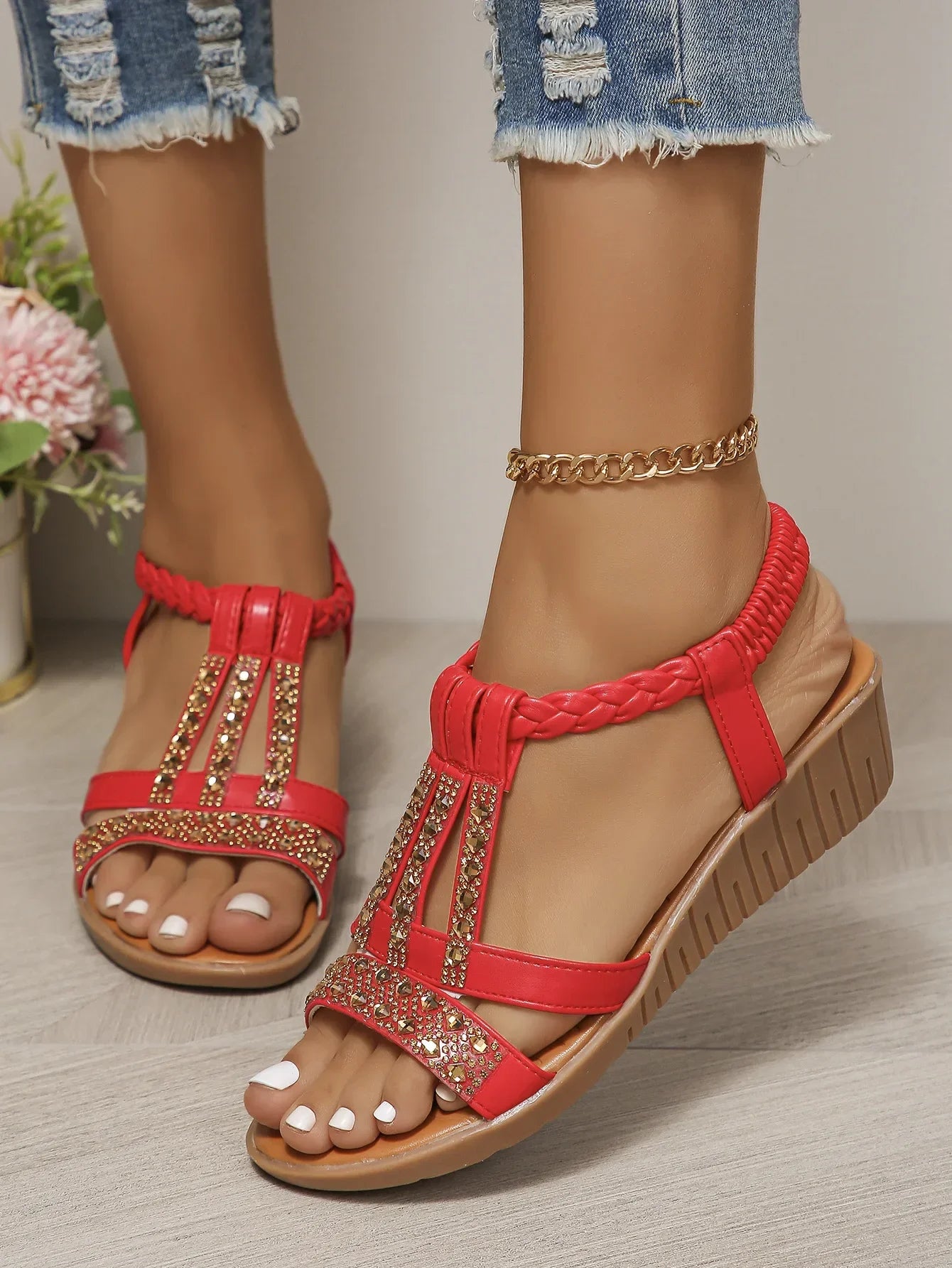 Women Wedge Rhinestones Casual Sandals