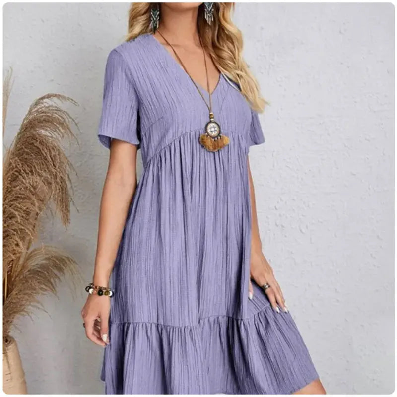 V-Neck Short Sleeve Loose Waist Ruffle Fit Flare Vocation Dress