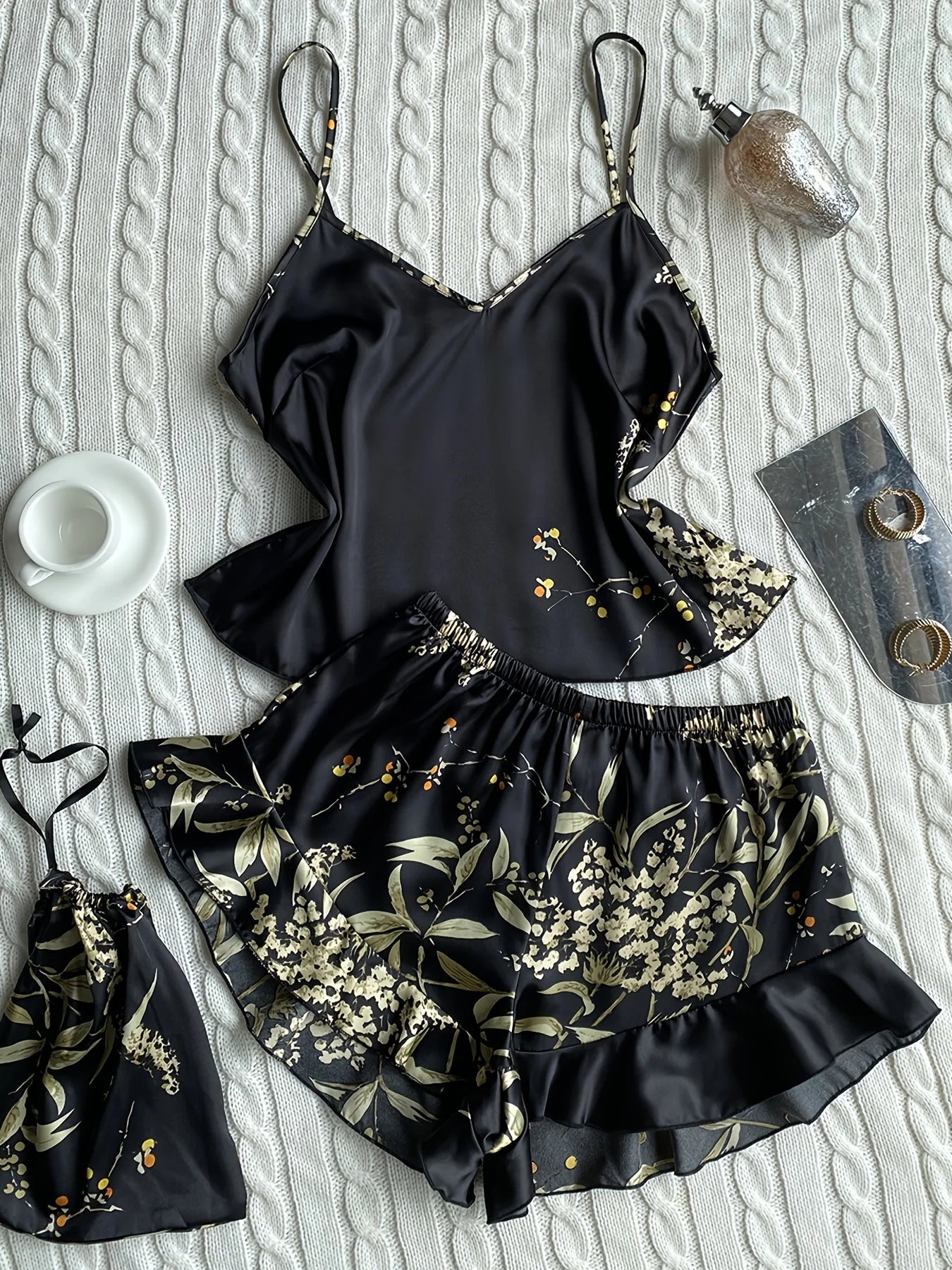 Elegant Floral Print Cami Tops Ruffle Hem Shorts Pajama Set