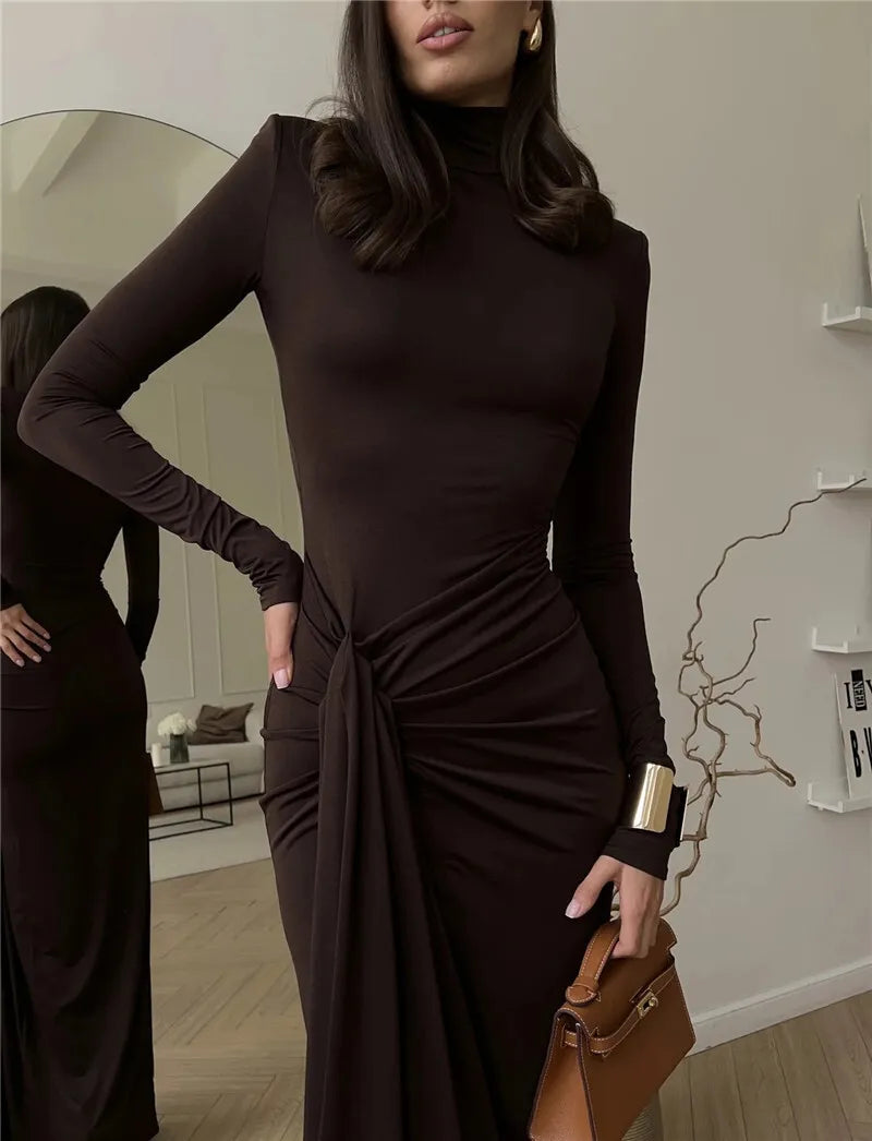 Turtleneck Thigh High Split Sexy Maxi Dress