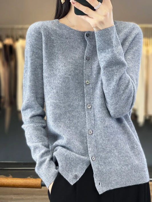 Long Sleeve 100% Wool Cashmere Cardigan O-Neck Knitwear Tops