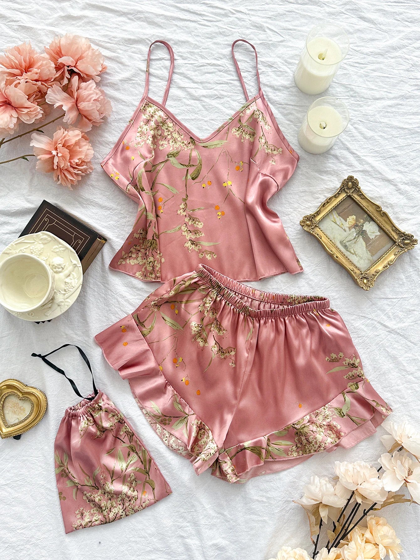 Elegant Floral Print Cami Tops Ruffle Hem Shorts Pajama Set