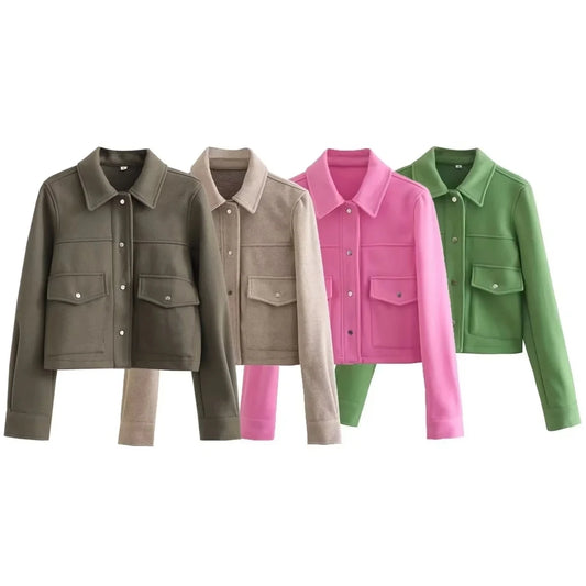 Womens Solid Front Pockets Button Long Sleeve Jacket