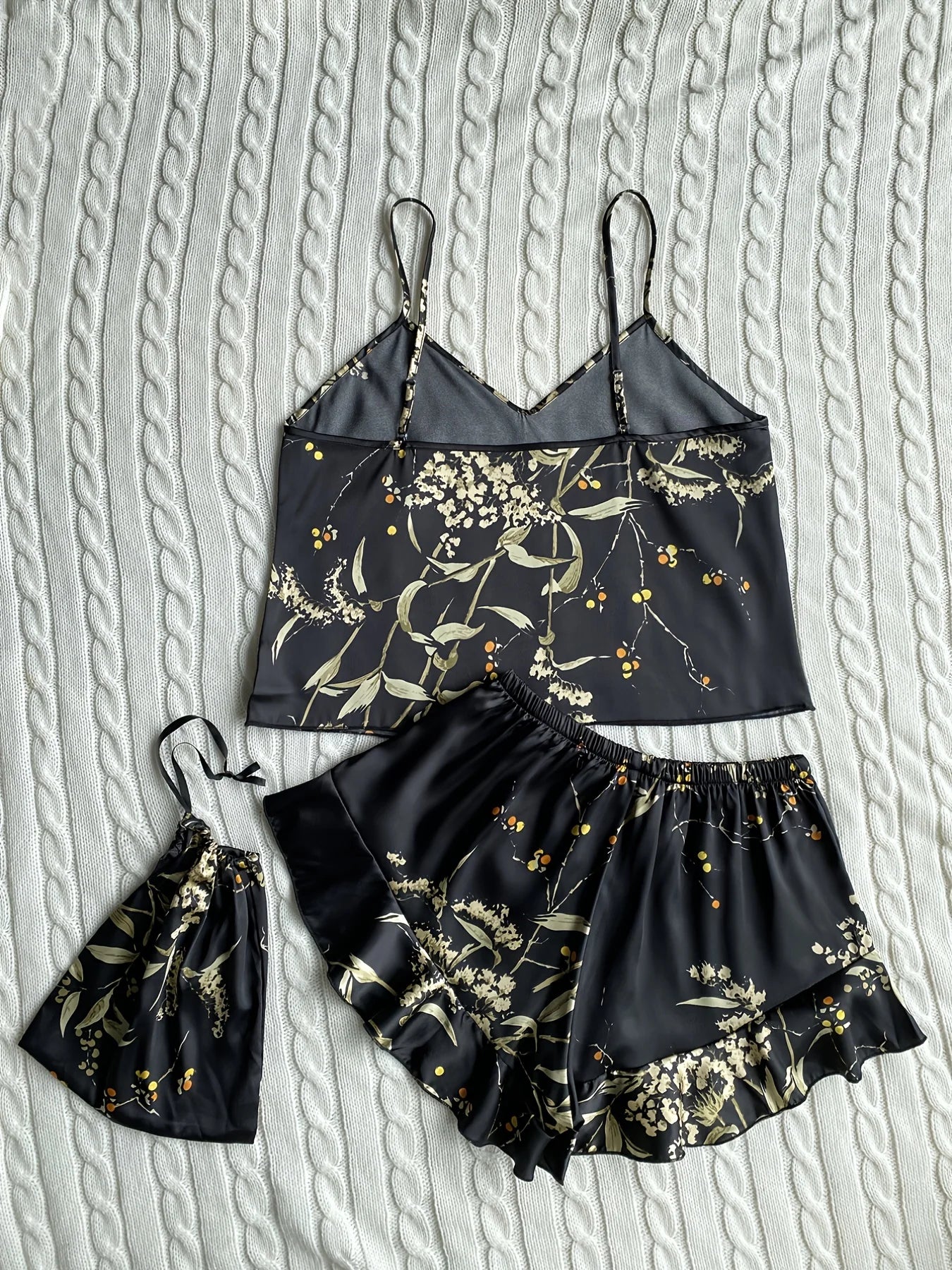 Elegant Floral Print Cami Tops Ruffle Hem Shorts Pajama Set