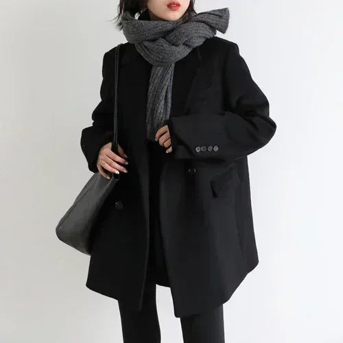 Women Wool Blend Coat Solid Mid-Long Woolen Blazer