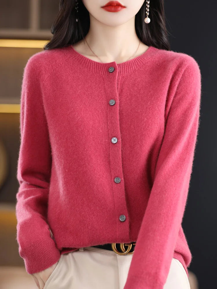 Long Sleeve 100% Wool Cashmere Cardigan O-Neck Knitwear Tops