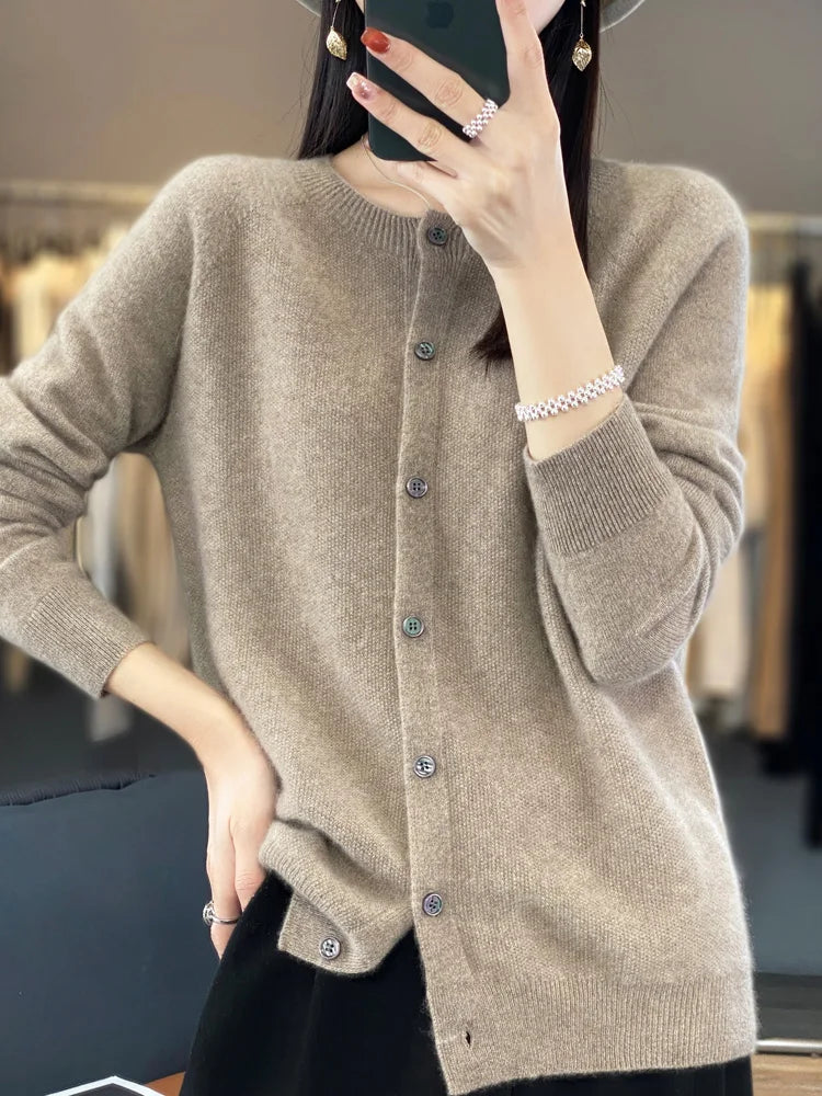 Long Sleeve 100% Wool Cashmere Cardigan O-Neck Knitwear Tops