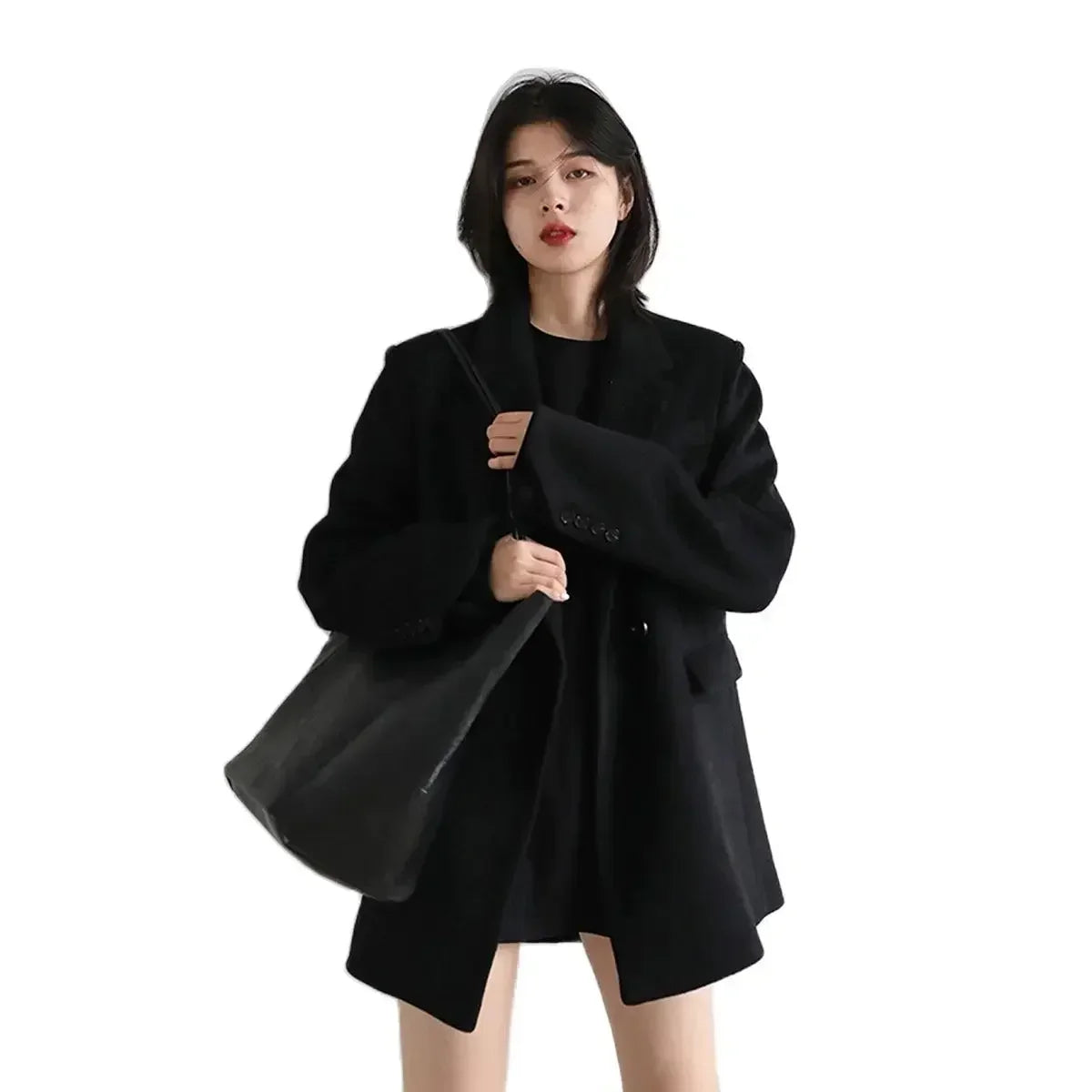 Women Wool Blend Coat Solid Mid-Long Woolen Blazer