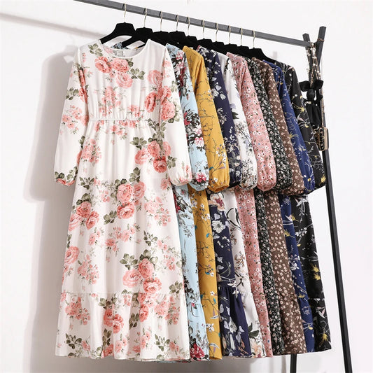 Casual Full Sleeve Floral Printed O-neck Dress